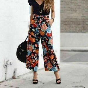 NEW ZARA Multicolor Black Botanical Floral Print Wide Leg Culottes Trousers S